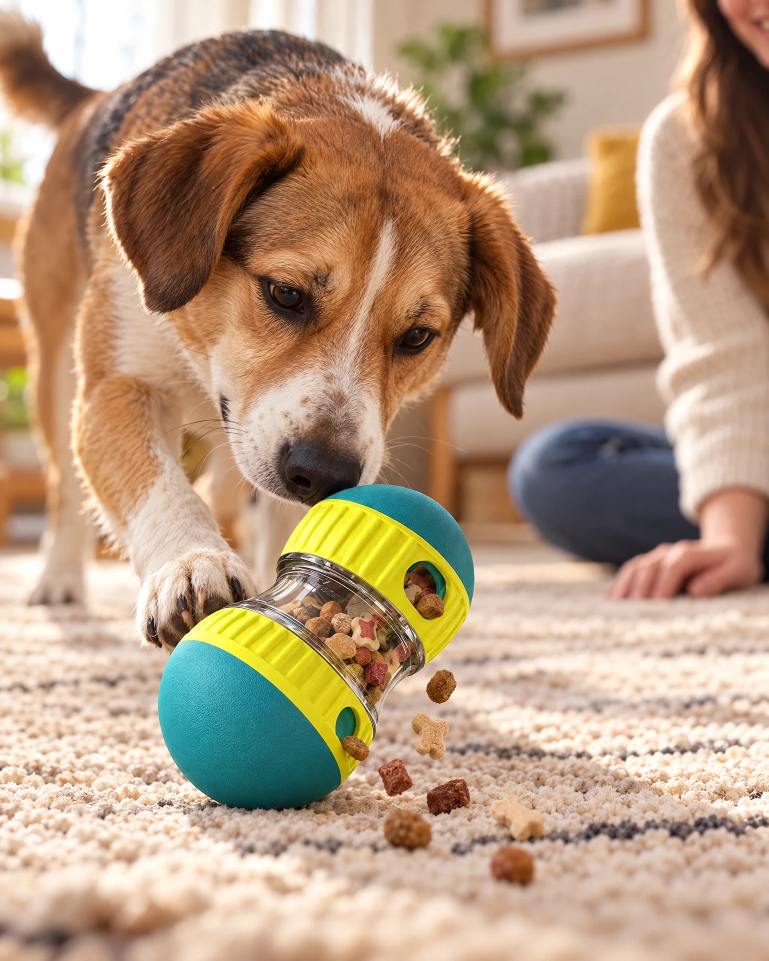 Golden retriever playing with the interactive feeder toy